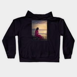 Carefree woman at the beach Kids Hoodie